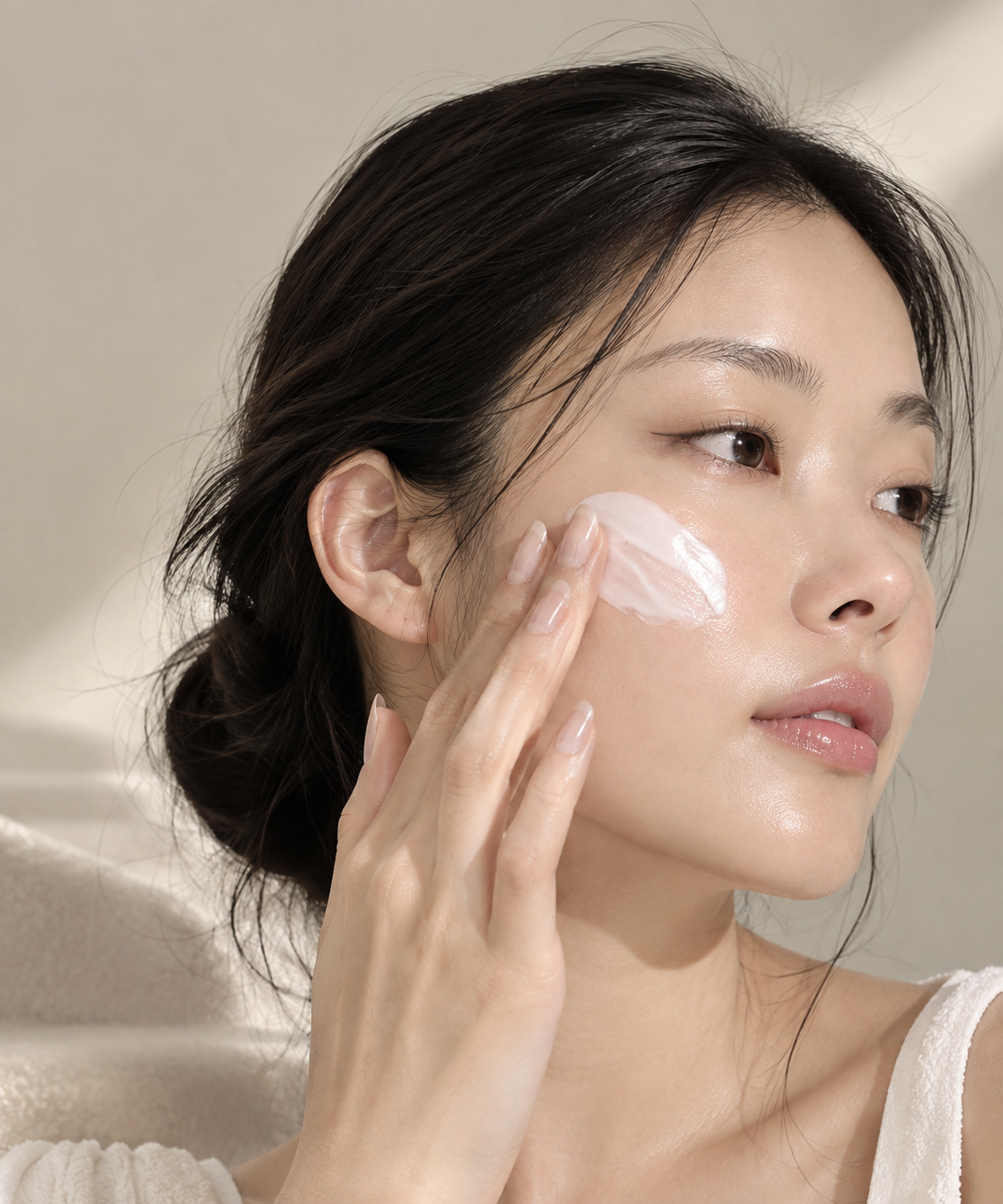 Woman applying Korean skincare cream to her cheek